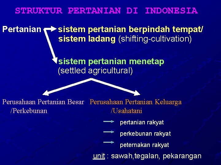 STRUKTUR PERTANIAN DI INDONESIA Pertanian sistem pertanian berpindah tempat/ sistem ladang (shifting-cultivation) sistem pertanian