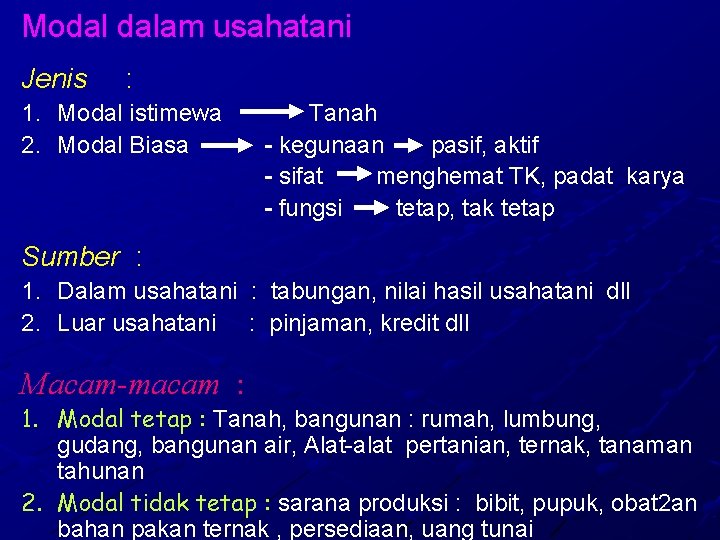 Modal dalam usahatani Jenis : 1. Modal istimewa 2. Modal Biasa Tanah - kegunaan