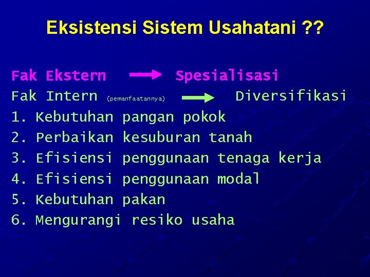 Eksistensi Sistem Usahatani ? ? Fak Ekstern Spesialisasi Fak Intern (pemanfaatannya) Diversifikasi 1. Kebutuhan