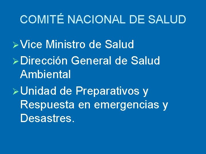 COMITÉ NACIONAL DE SALUD Ø Vice Ministro de Salud Ø Dirección General de Salud