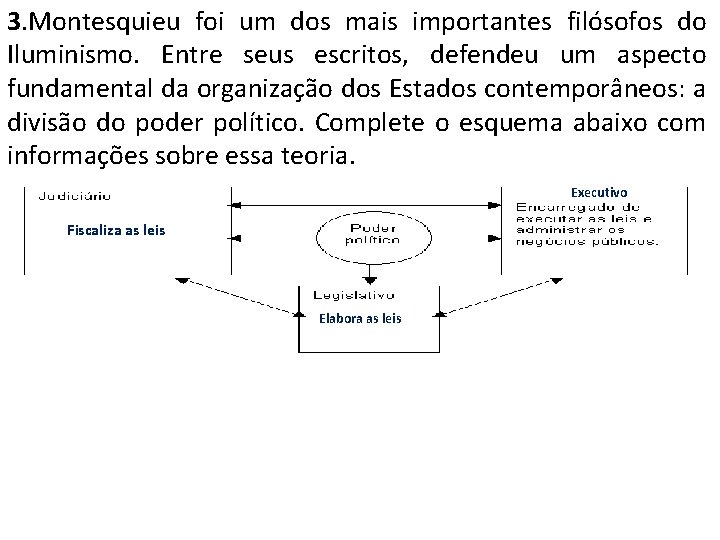 3. Montesquieu foi um dos mais importantes filósofos do Iluminismo. Entre seus escritos, defendeu