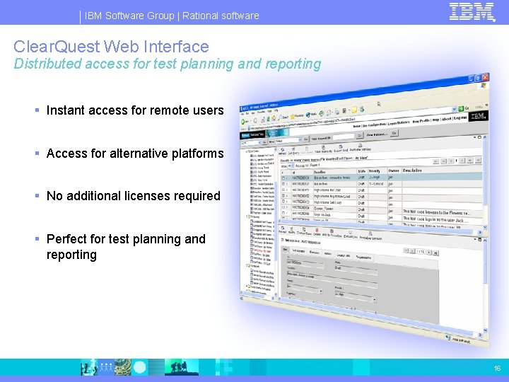 IBM Software Group | Rational software ® Clear. Quest Web Interface Distributed access for