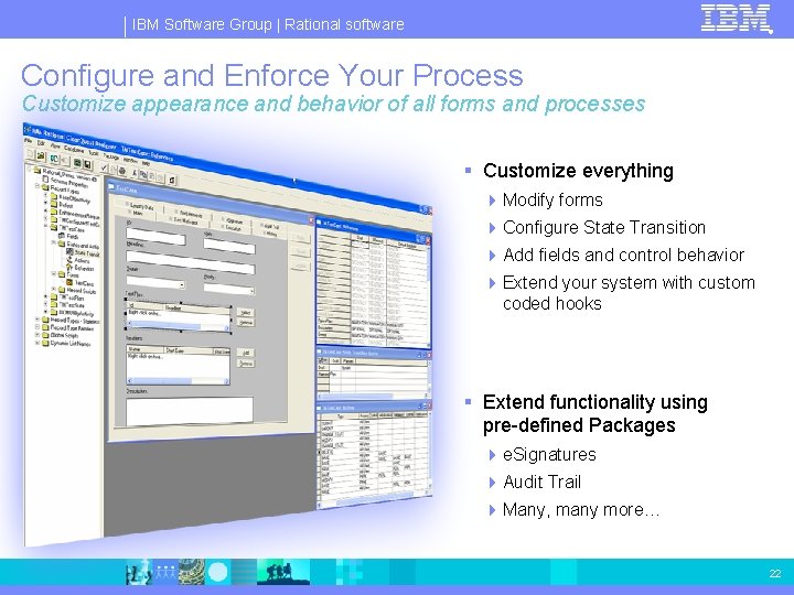 IBM Software Group | Rational software ® Configure and Enforce Your Process Customize appearance