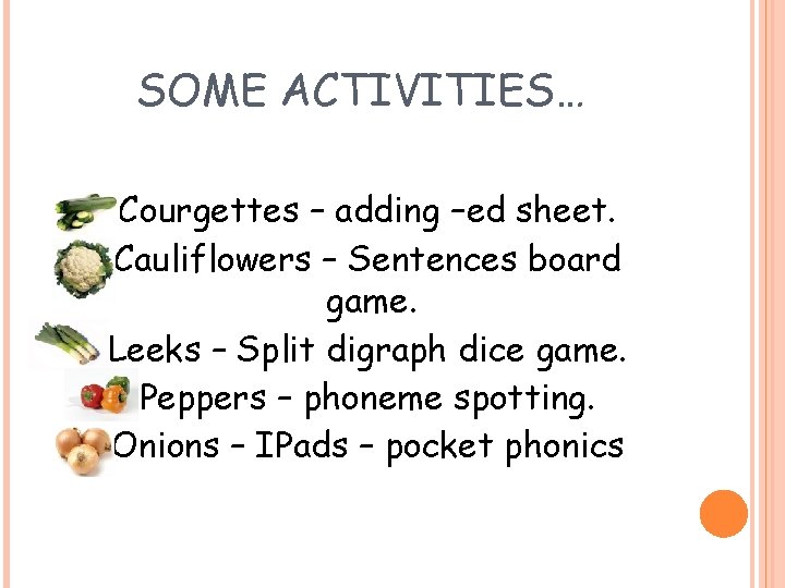 SOME ACTIVITIES… Courgettes – adding –ed sheet. Cauliflowers – Sentences board game. Leeks –