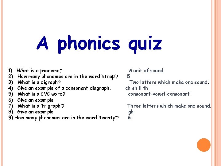 A phonics quiz 1) What is a phoneme? 2) How many phonemes are in