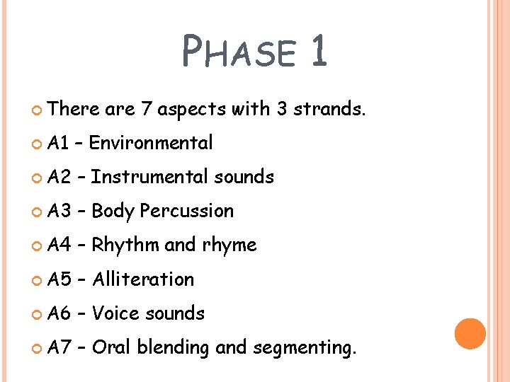 PHASE 1 There are 7 aspects with 3 strands. A 1 – Environmental A