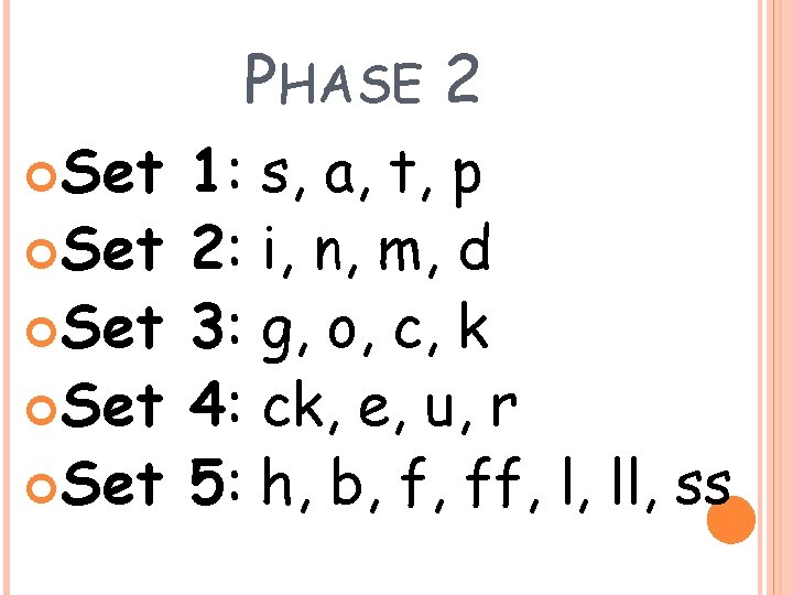 PHASE 2 Set Set Set 1: s, a, t, p 2: i, n, m,