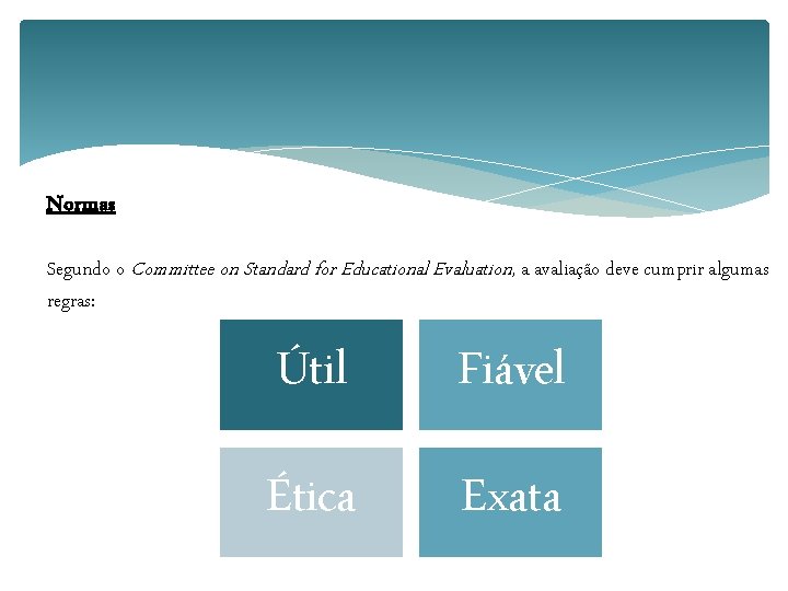 Normas Segundo o Committee on Standard for Educational Evaluation, a avaliação deve cumprir algumas