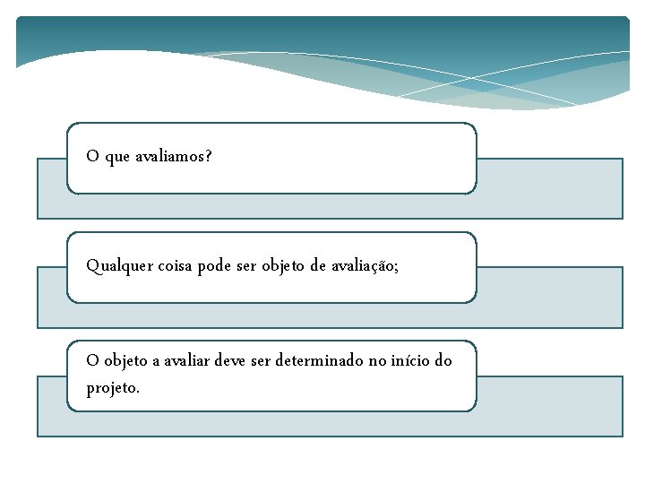 O que avaliamos? Qualquer coisa pode ser objeto de avaliação; O objeto a avaliar