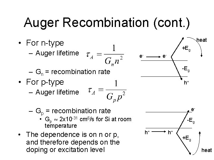 Auger Recombination (cont. ) heat • For n-type – Auger lifetime +Eg e- e-Eg