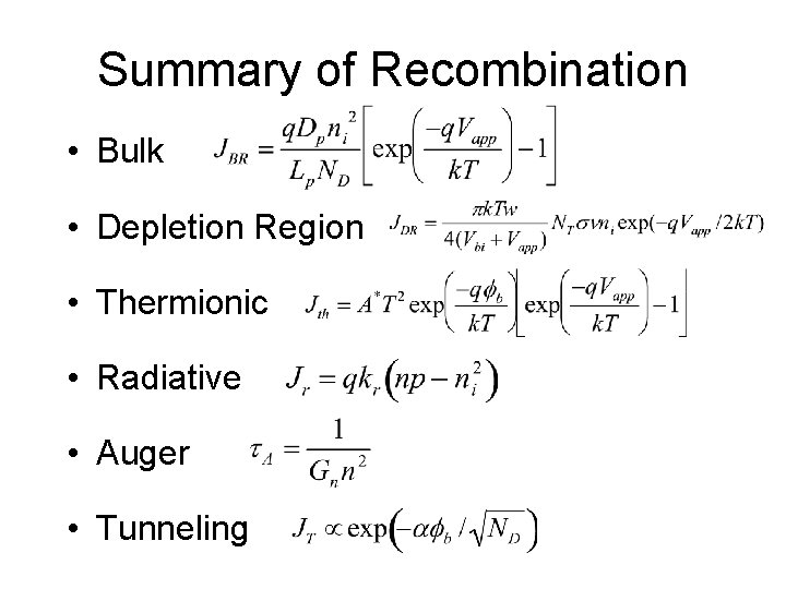 Summary of Recombination • Bulk • Depletion Region • Thermionic • Radiative • Auger