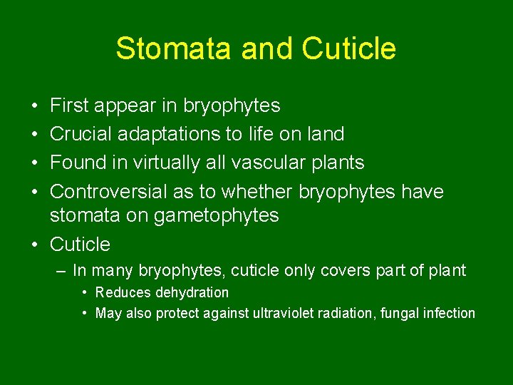 Stomata and Cuticle • • First appear in bryophytes Crucial adaptations to life on