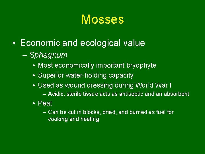 Mosses • Economic and ecological value – Sphagnum • Most economically important bryophyte •