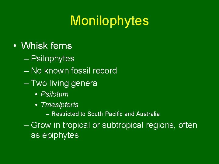 Monilophytes • Whisk ferns – Psilophytes – No known fossil record – Two living