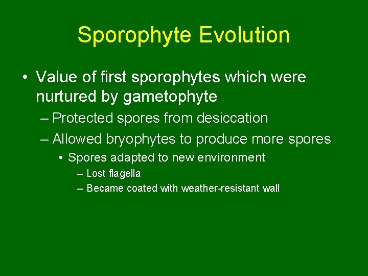 Sporophyte Evolution • Value of first sporophytes which were nurtured by gametophyte – Protected