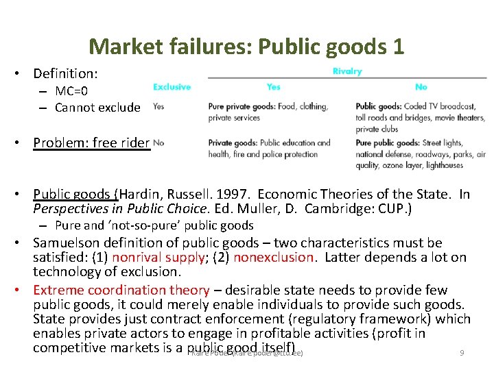 Market failures: Public goods 1 • Definition: – MC=0 – Cannot exclude • Problem: