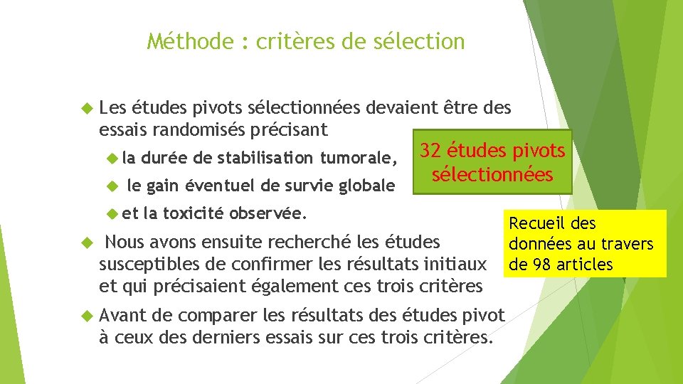 Méthode : critères de sélection Les études pivots sélectionnées devaient être des essais randomisés