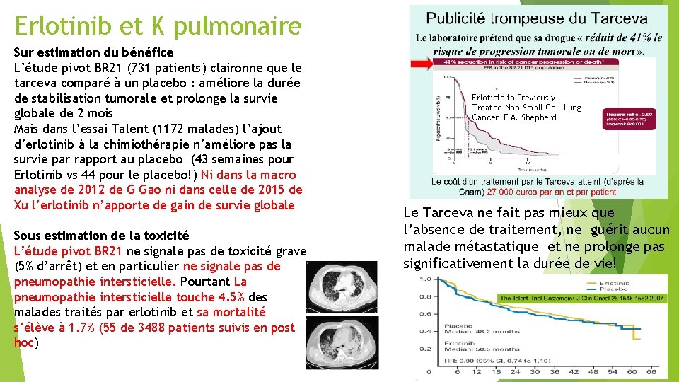 Erlotinib et K pulmonaire Sur estimation du bénéfice L’étude pivot BR 21 (731 patients)