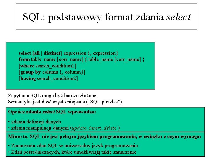 SQL: podstawowy format zdania select [all | distinct] expression {, expression} from table_name [corr_name]