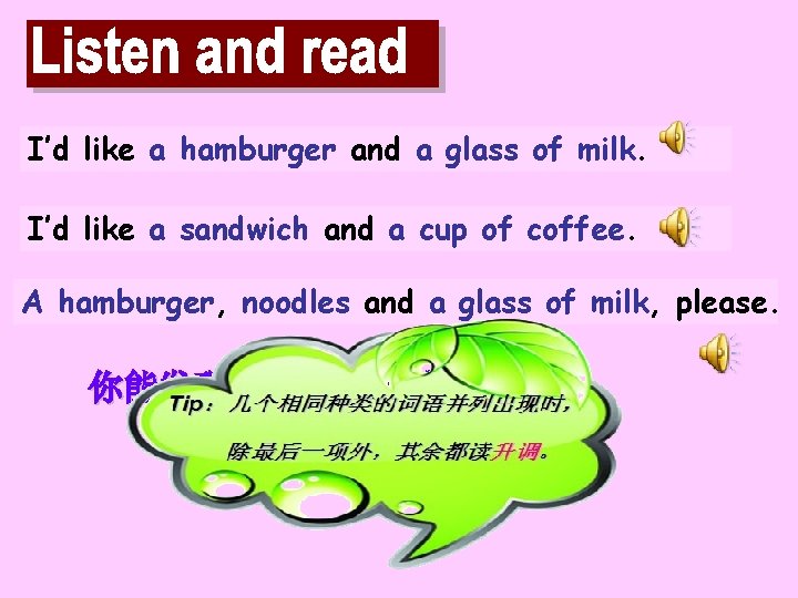 I’d like a hamburger and a glass of milk. I’d like a sandwich and