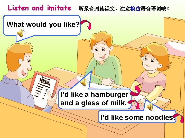 Listen and imitate 听录音跟读课文，注意模仿语音语调哦！ What would you like? I’d like a hamburger and a