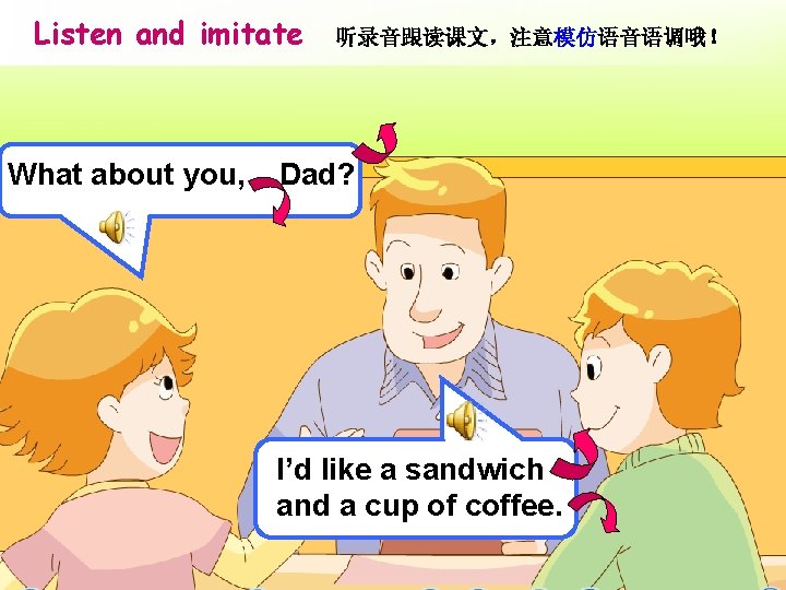 Listen and imitate 听录音跟读课文，注意模仿语音语调哦！ What about you, Dad? I’d like a sandwich and a
