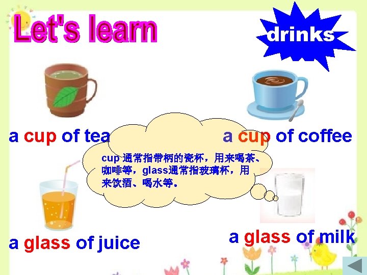 drinks a cup of tea a cup of coffee cup 通常指带柄的瓷杯，用来喝茶、 咖啡等，glass通常指玻璃杯，用 来饮酒、喝水等。 a