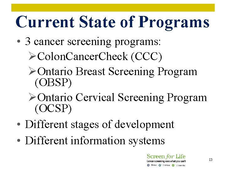 Current State of Programs • 3 cancer screening programs: ØColon. Cancer. Check (CCC) ØOntario