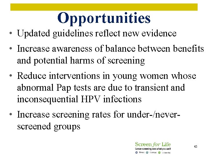 Opportunities • Updated guidelines reflect new evidence • Increase awareness of balance between benefits