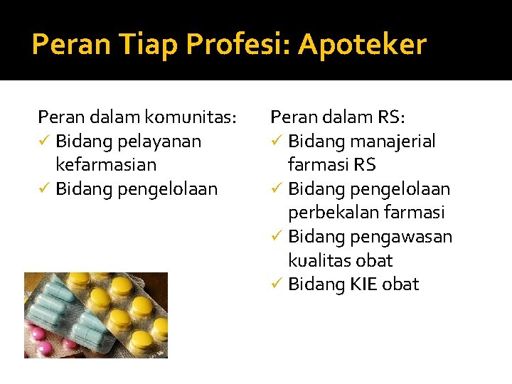 Peran Tiap Profesi: Apoteker Peran dalam komunitas: ü Bidang pelayanan kefarmasian ü Bidang pengelolaan