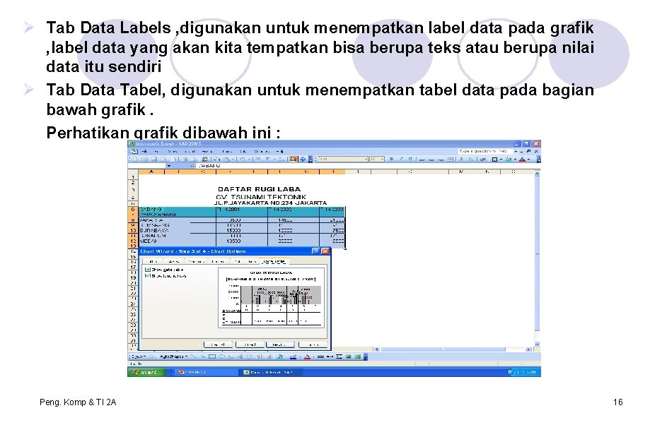 Ø Tab Data Labels , digunakan untuk menempatkan label data pada grafik , label