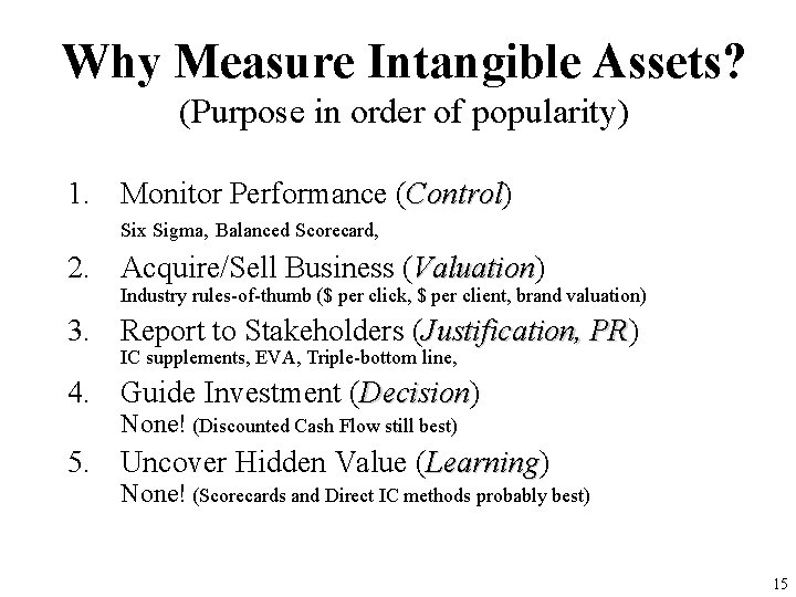 Why Measure Intangible Assets? (Purpose in order of popularity) 1. Monitor Performance (Control) Control