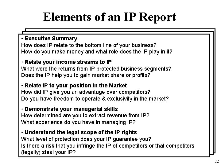 Elements of an IP Report • Executive Summary How does IP relate to the