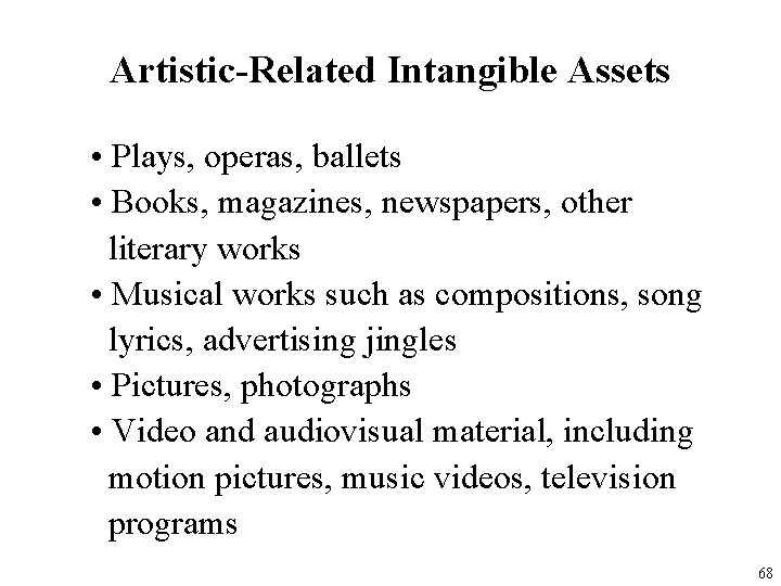 Artistic-Related Intangible Assets • Plays, operas, ballets • Books, magazines, newspapers, other literary works