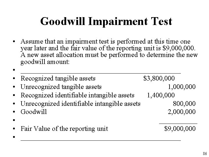 Goodwill Impairment Test • Assume that an impairment test is performed at this time