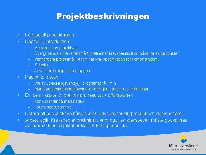 Projektbeskrivningen • • Förslag till produktnamn Kapitel 1, introduktion: – – – • Motivering