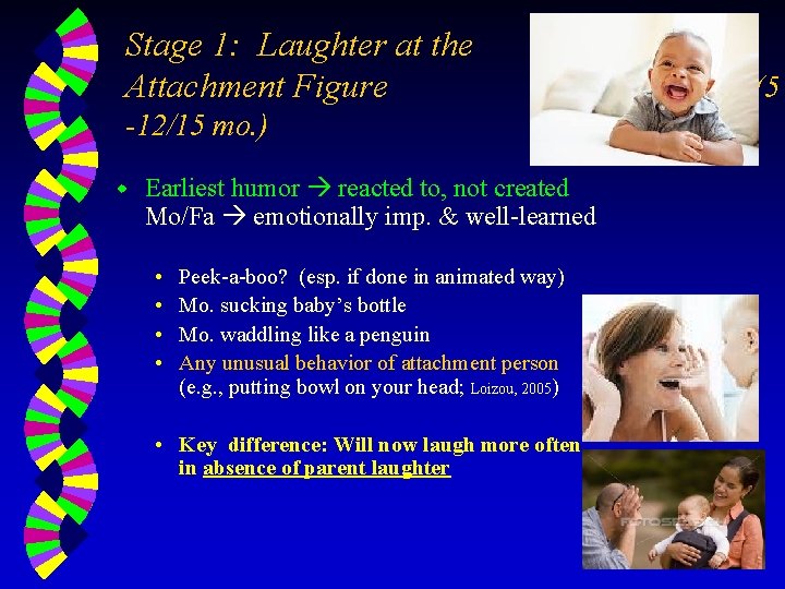 Stage 1: Laughter at the Attachment Figure -12/15 mo. ) w Earliest humor reacted
