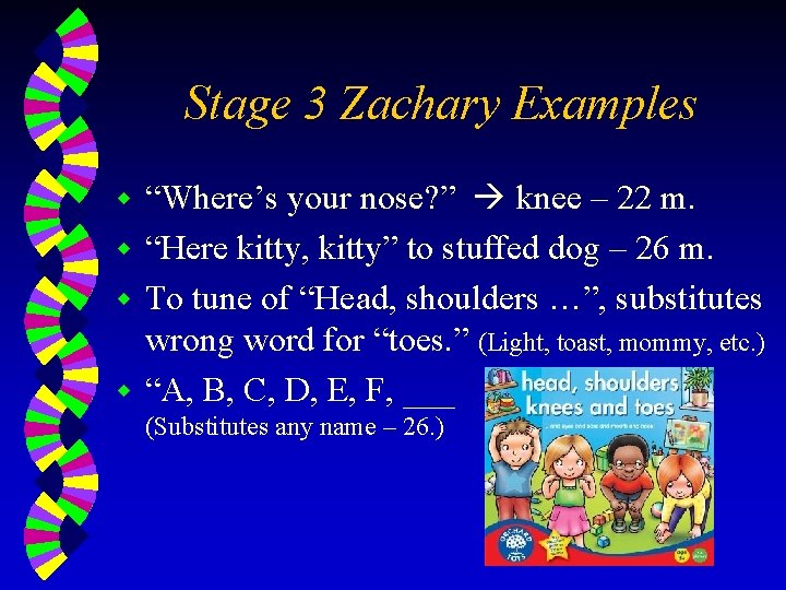 Stage 3 Zachary Examples “Where’s your nose? ” knee – 22 m. w “Here