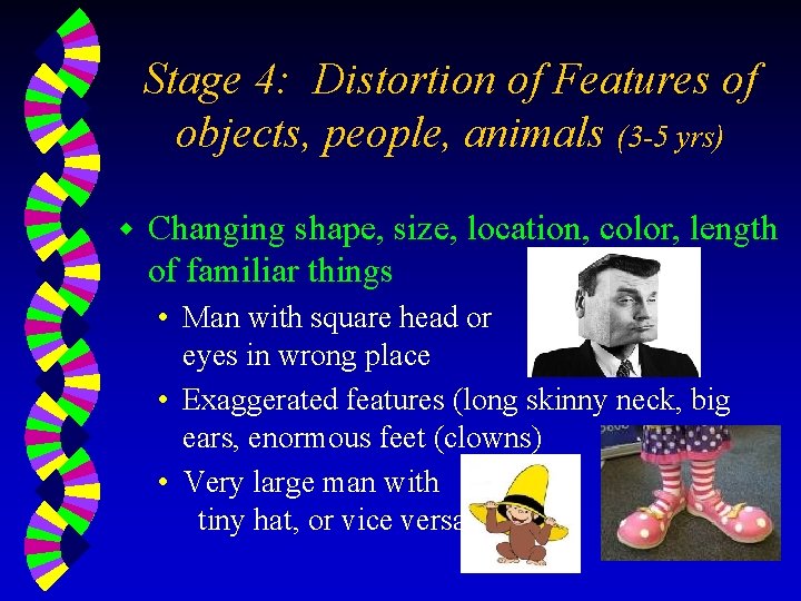 Stage 4: Distortion of Features of objects, people, animals (3 -5 yrs) w Changing