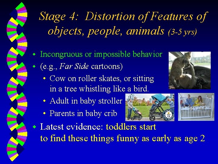 Stage 4: Distortion of Features of objects, people, animals (3 -5 yrs) Incongruous or