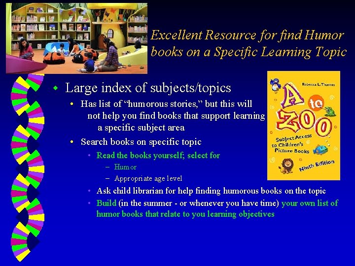 Excellent Resource for find Humor books on a Specific Learning Topic w Large index