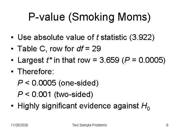 P-value (Smoking Moms) • • Use absolute value of t statistic (3. 922) Table