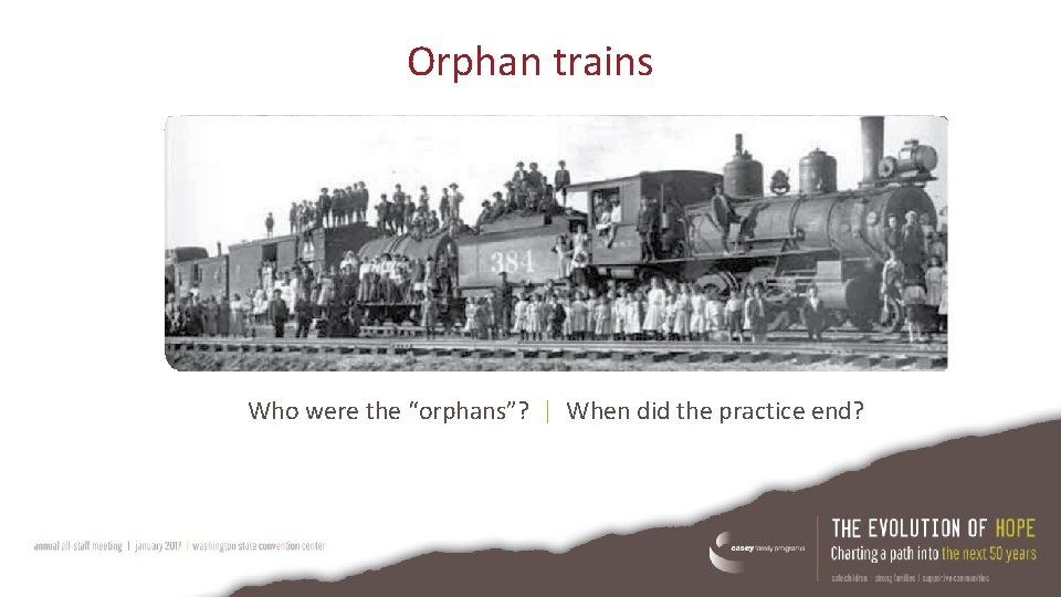 Orphan trains Who were the “orphans”? | When did the practice end? 