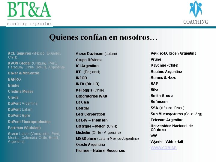 Quienes confían en nosotros… ACE Seguros (México, Ecuador, Chile) Grace Davinson (Latam) Peugeot/Citroen Argentina