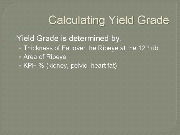 Calculating Yield Grade �Yield Grade is determined by, • Thickness of Fat over the