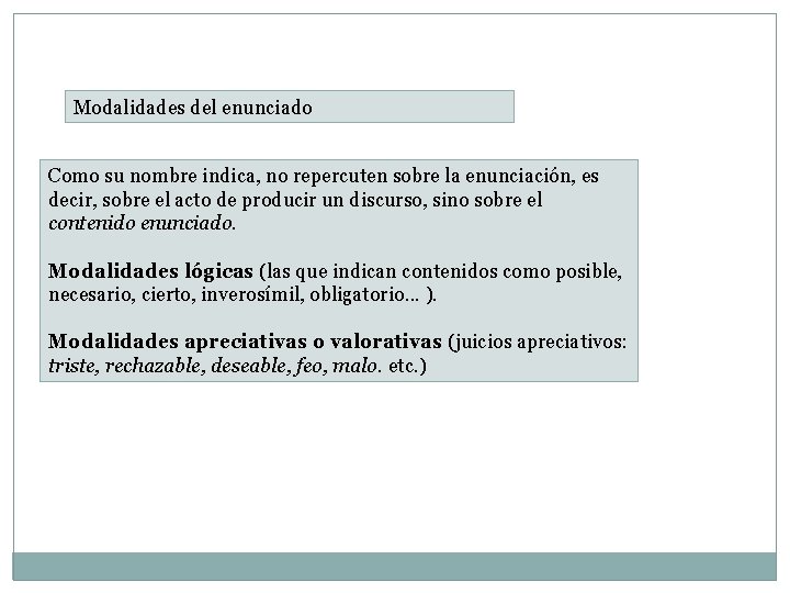 Modalidades del enunciado Como su nombre indica, no repercuten sobre la enunciación, es decir,