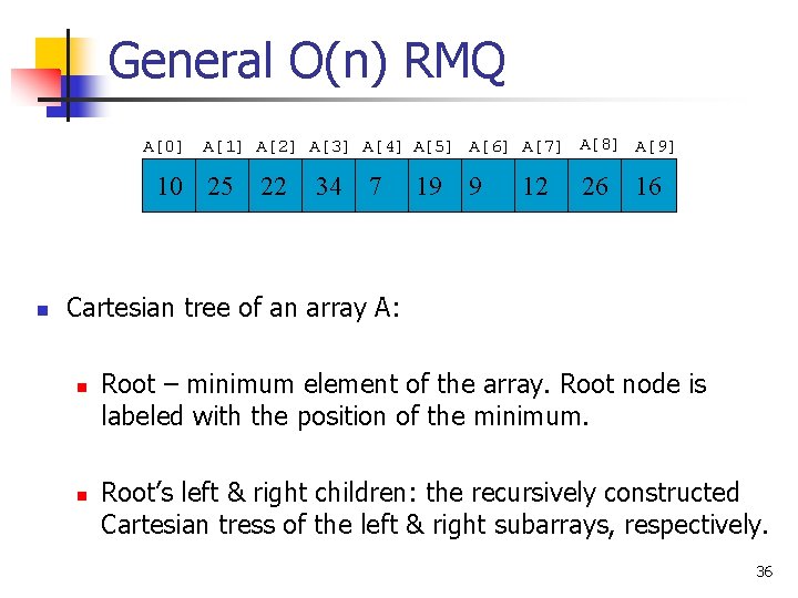 General O(n) RMQ A[0] A[1] A[2] A[3] A[4] A[5] A[6] A[7] A[8] A[9] 10