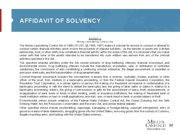 AFFIDAVIT OF SOLVENCY EXHIBIT A Money Laundering Control Act The Money Laundering Control Act