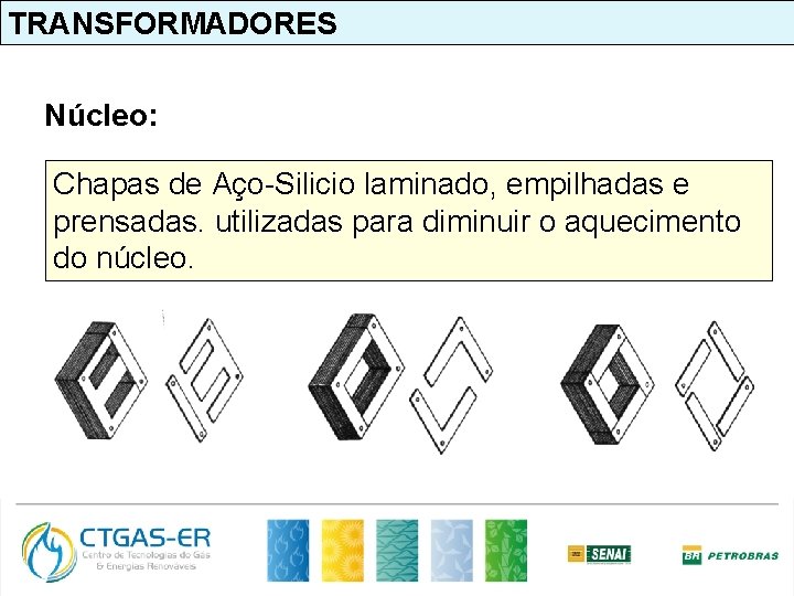 TRANSFORMADORES Núcleo: Chapas de Aço-Silicio laminado, empilhadas e prensadas. utilizadas para diminuir o aquecimento