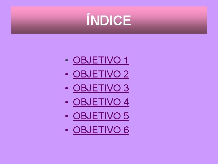 ÍNDICE • • • OBJETIVO 1 OBJETIVO 2 OBJETIVO 3 OBJETIVO 4 OBJETIVO 5